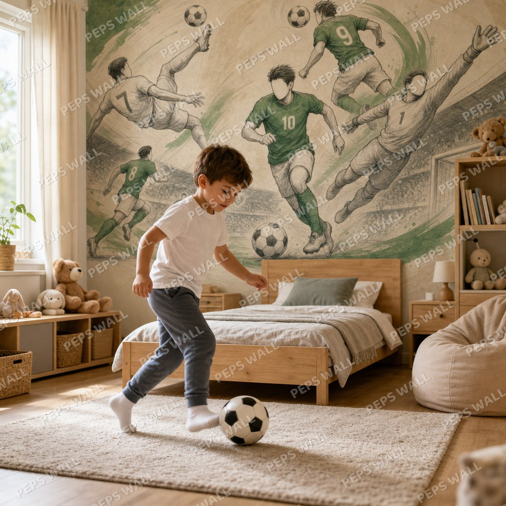 Football Legends - Pencil Line Art wallpaper mural — kids room mockup