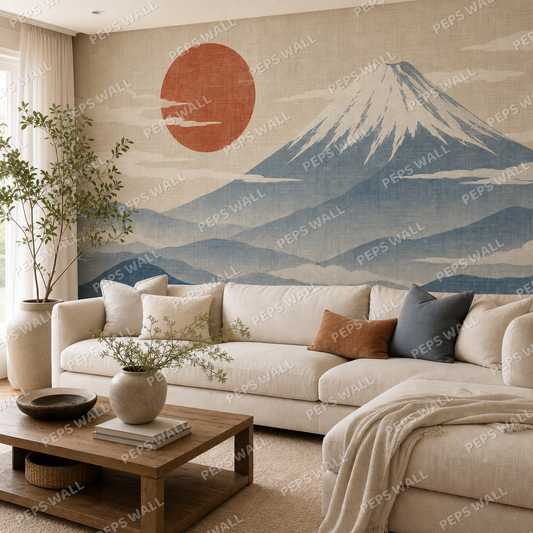 Fuji in Linen wallpaper in a Dubai living room - Peps Wall