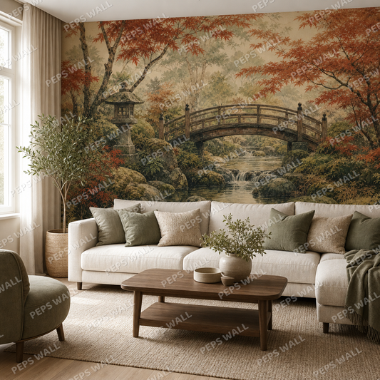 The Quiet Bridge wallpaper in a Dubai living room - Peps Wall