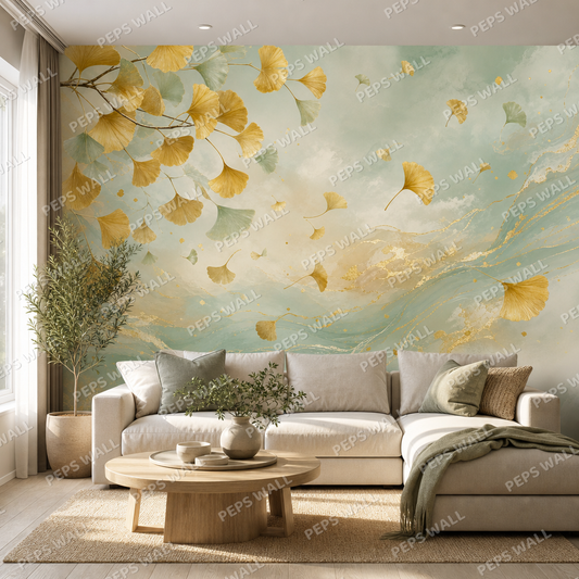 Ginkgo Fall wallpaper in a Dubai living room - Peps Wall