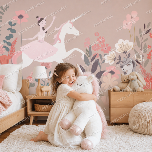 Girl on Unicorn kids room wallpaper - custom mural printed and installed in Dubai