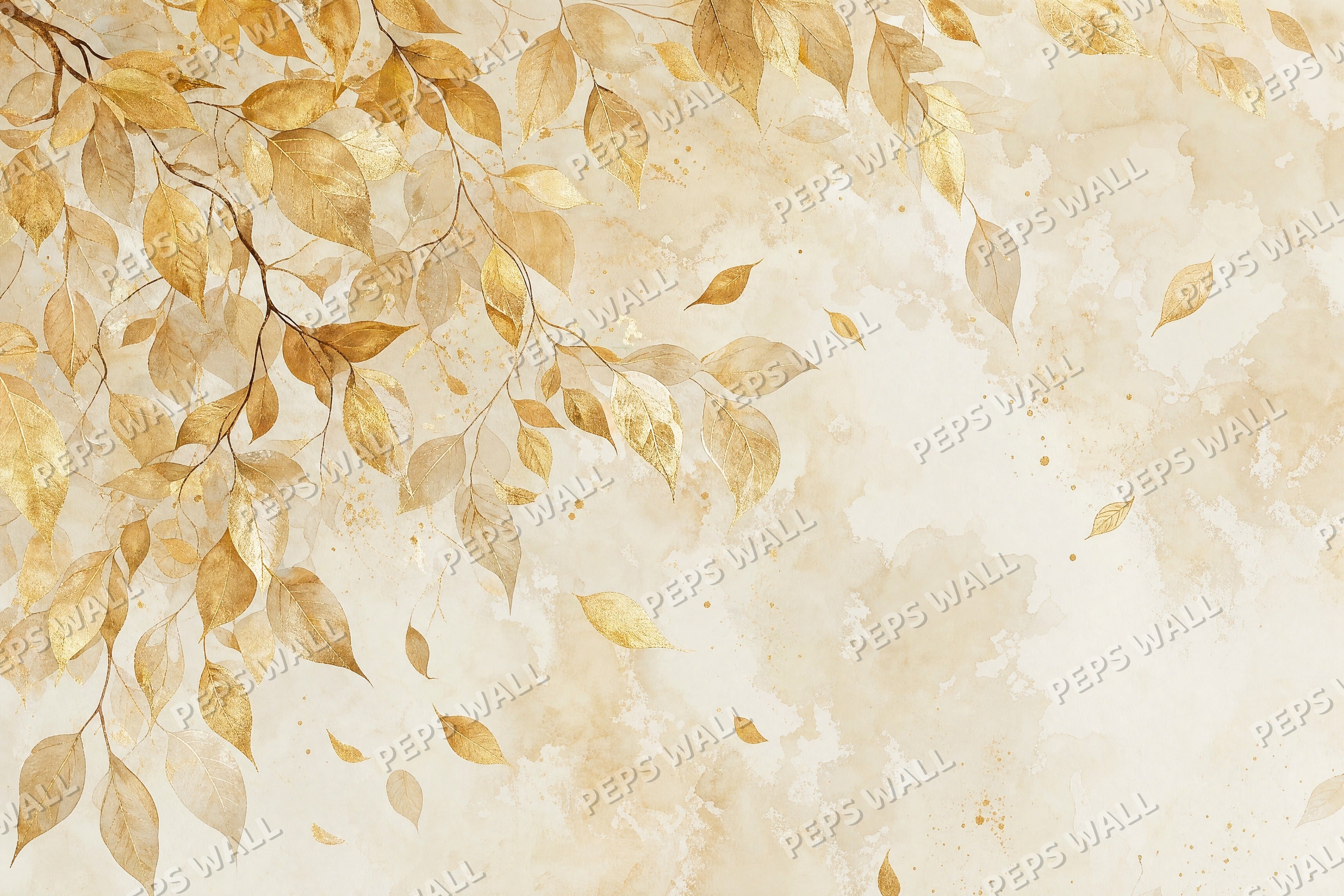 Gold Leaves Cascade - Watercolor full wall mural design