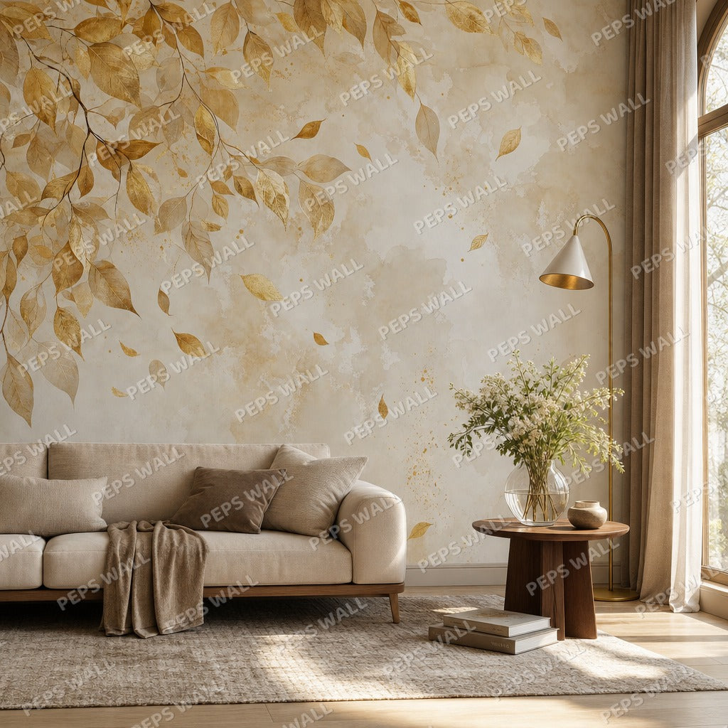 Gold Leaves Cascade - Watercolor wallpaper mural — living room mockup