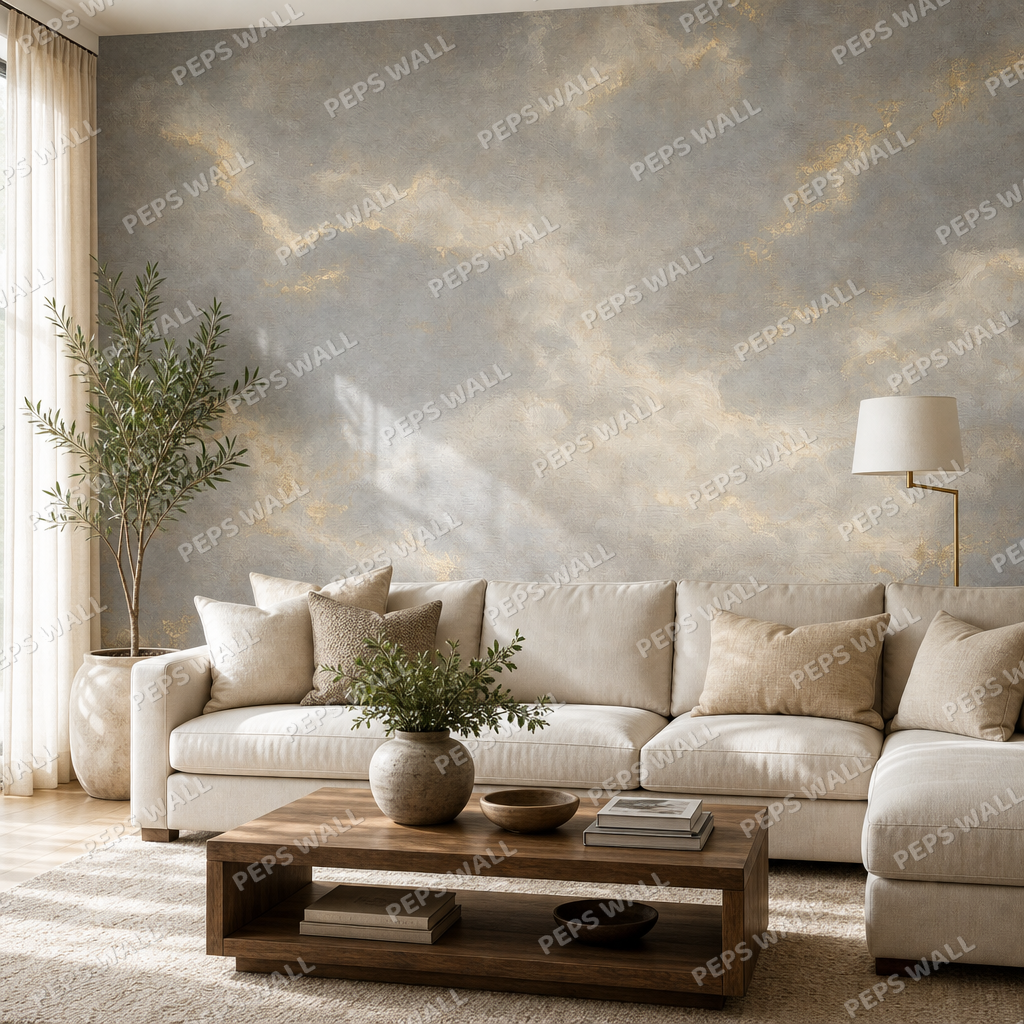 Gilded Clouds wallpaper in a Dubai living room - Peps Wall