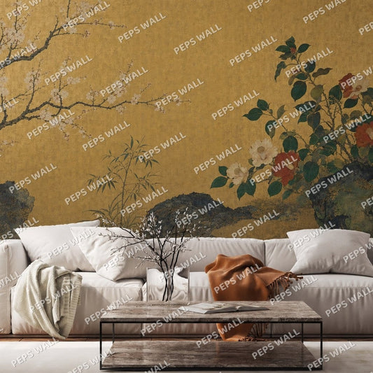 Golden Camellia Screen — floral wallpaper Dubai, Peps Wall