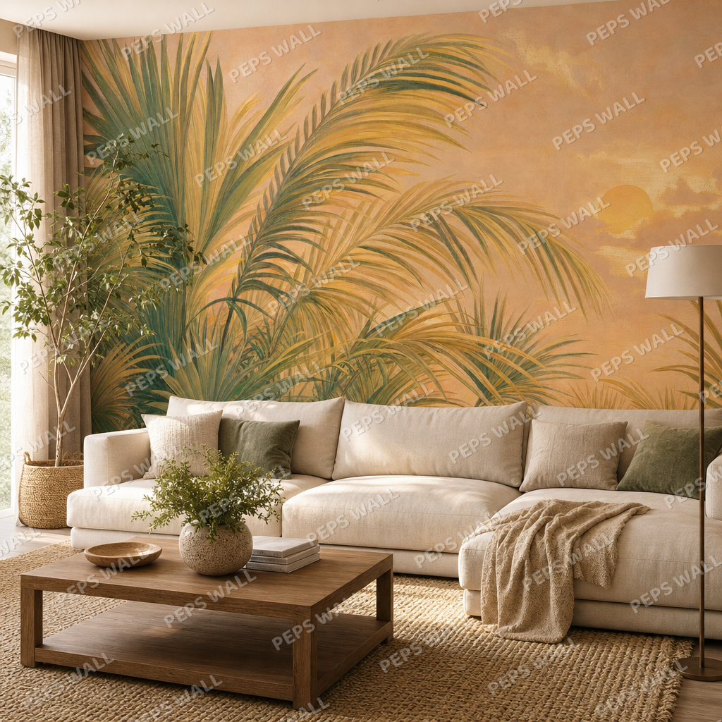 Golden Hour Palms wallpaper in a Dubai living room - Peps Wall