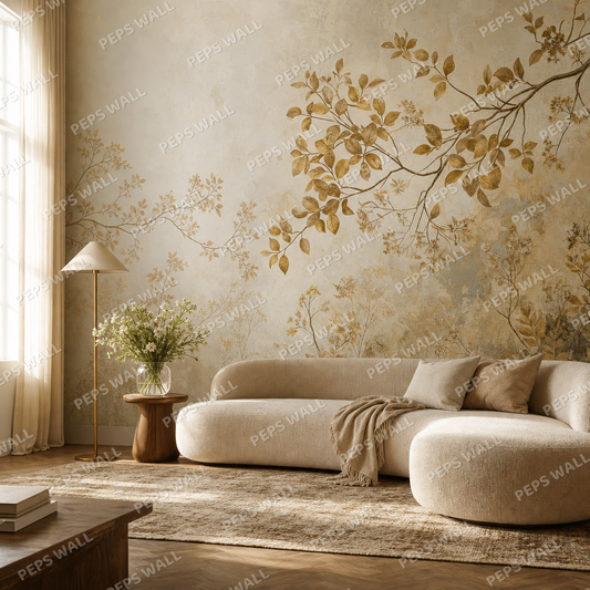 Golden Leaves living room wallpaper - custom mural printed and installed in Dubai