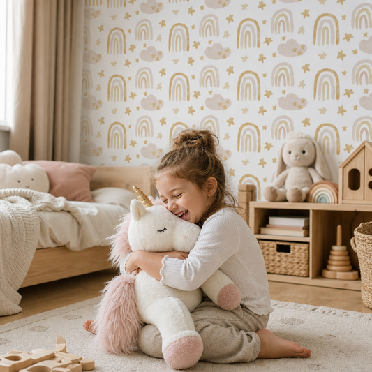 Golden rainbows & clouds kids room wallpaper - custom mural printed and installed in Dubai