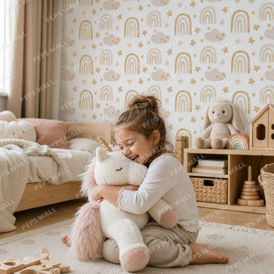 Golden rainbows & clouds kids room wallpaper - custom mural printed and installed in Dubai