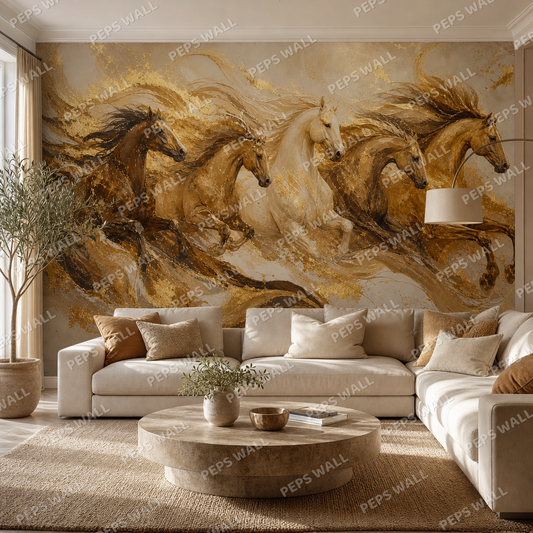 The Golden Run wallpaper in a Dubai living room - Peps Wall