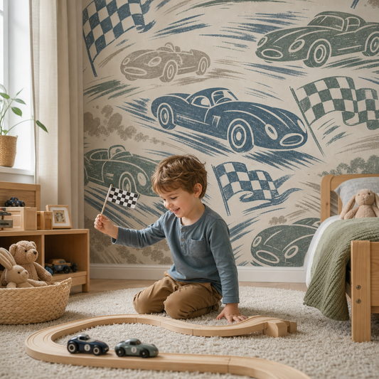 Watercolor Grand Prix wallpaper in a Dubai kids bedroom - Peps Wall