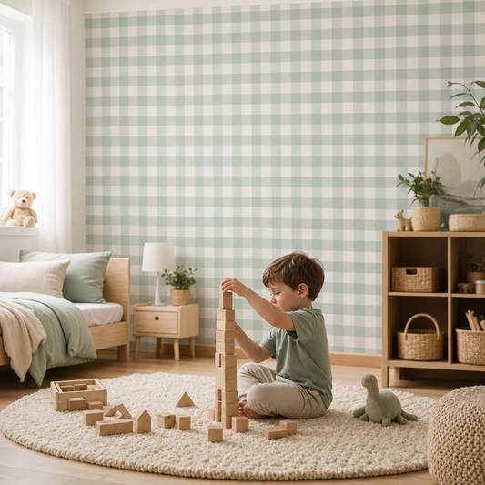 Green Checks kids room wallpaper - custom mural printed and installed in Dubai