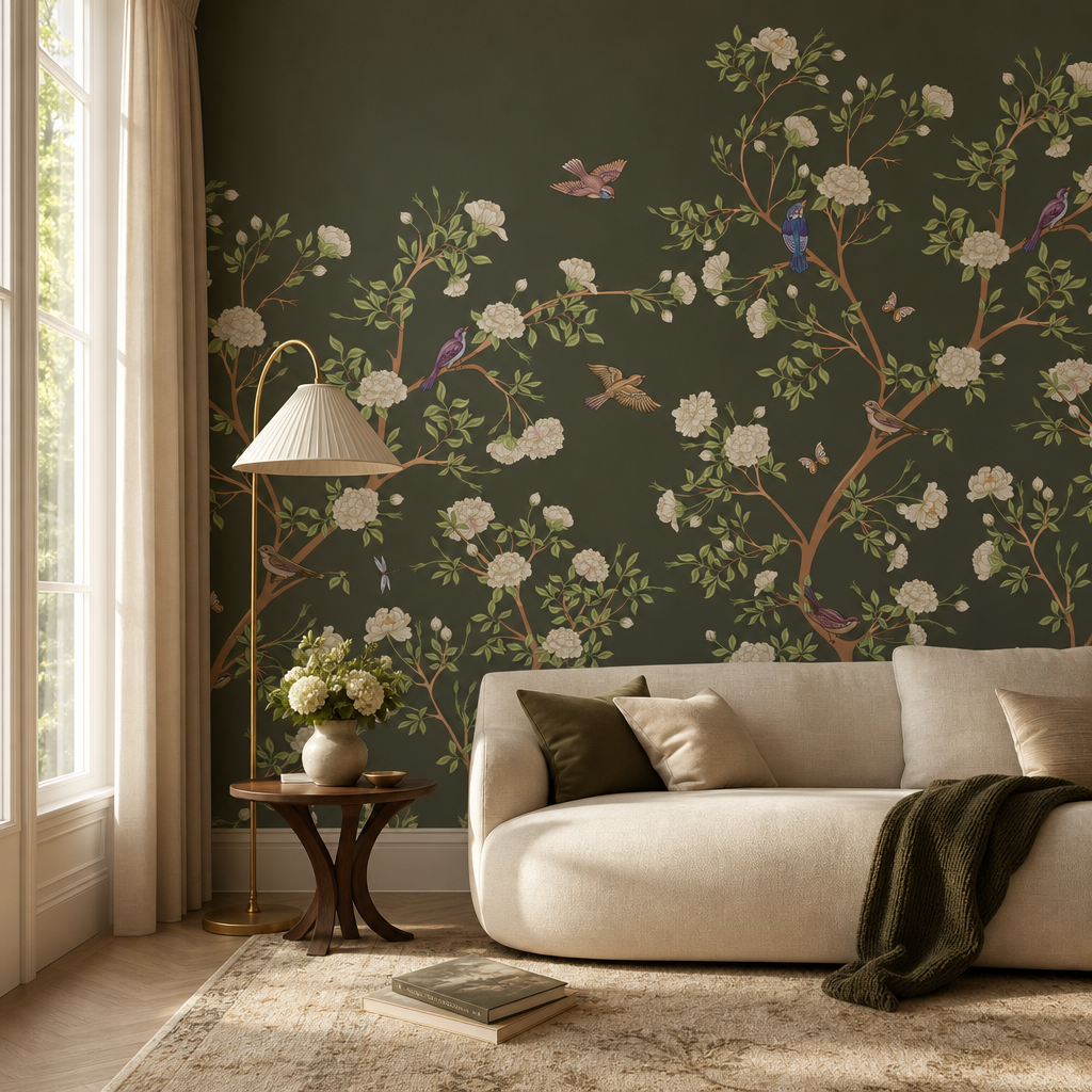 Green garden living room wallpaper - custom mural printed and installed in Dubai