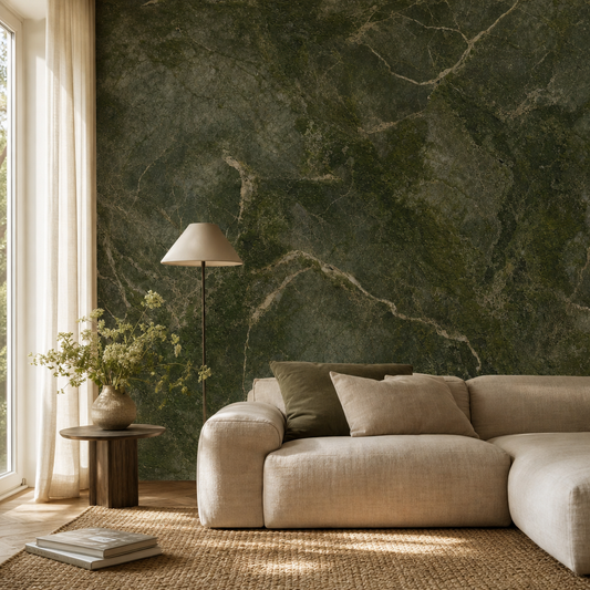 Green Stone living room wallpaper - custom mural printed and installed in Dubai
