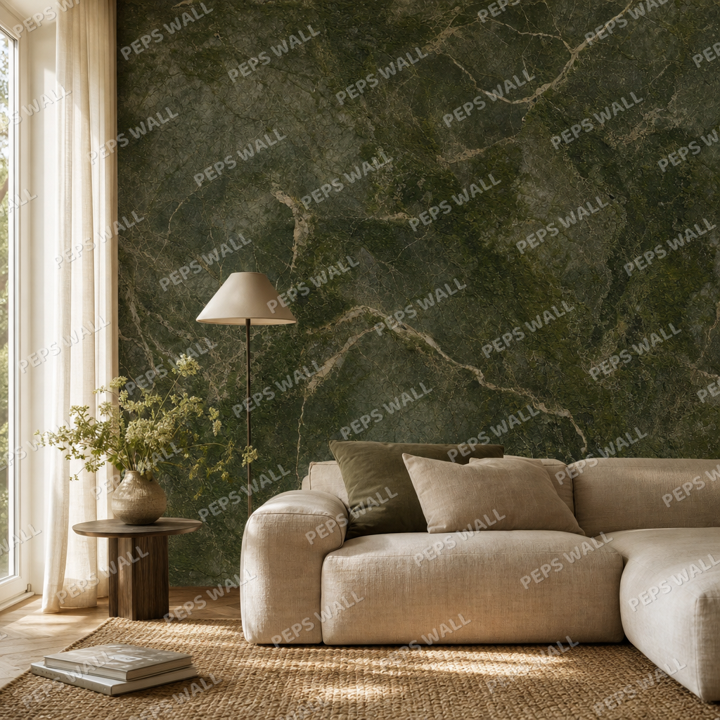 Green Stone living room wallpaper - custom mural printed and installed in Dubai