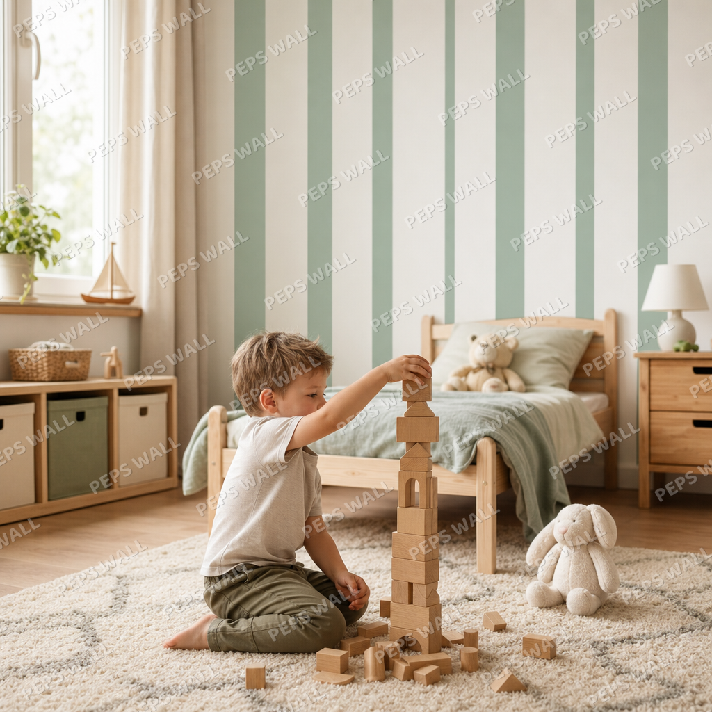 Green Stripe Rhythm kids room wallpaper - custom mural printed and installed in Dubai