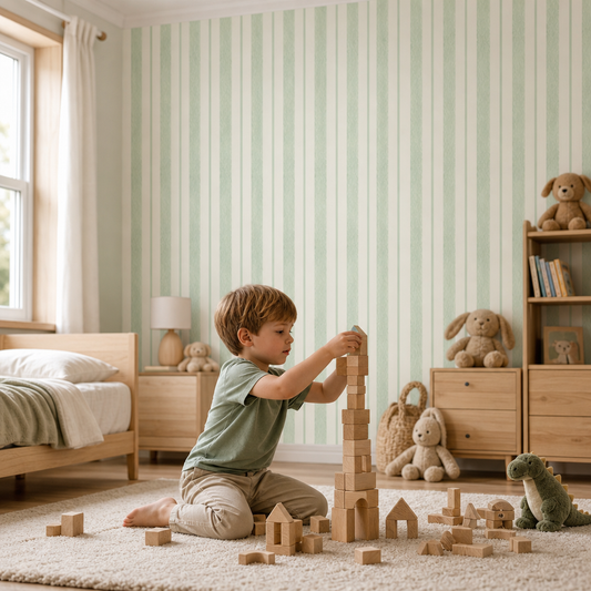 Green Stripes kids room wallpaper - custom mural printed and installed in Dubai