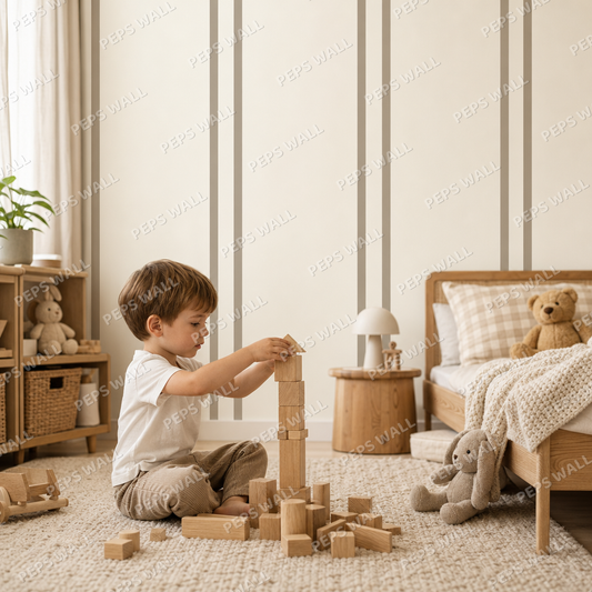 Greige Stripe Banker kids room wallpaper - custom mural printed and installed in Dubai