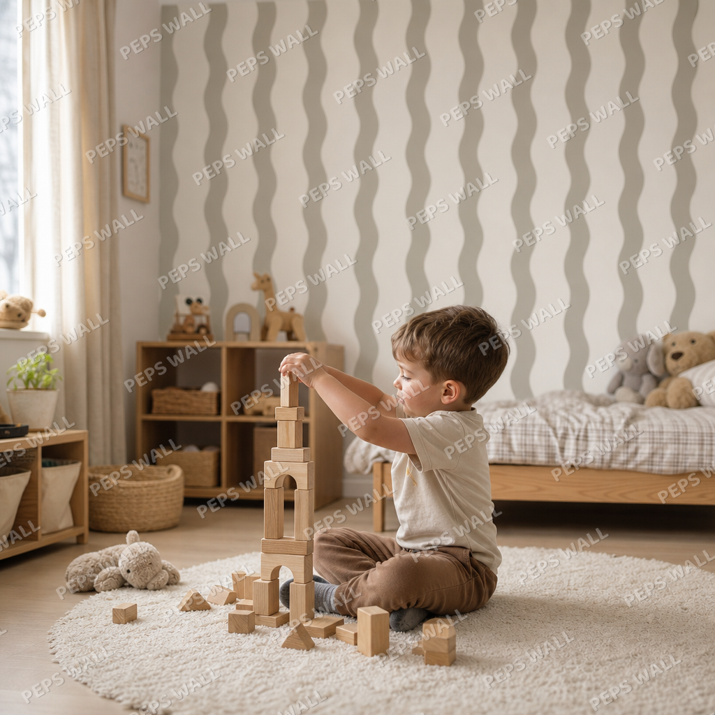 Greige Stripe Handdrawn kids room wallpaper - custom mural printed and installed in Dubai
