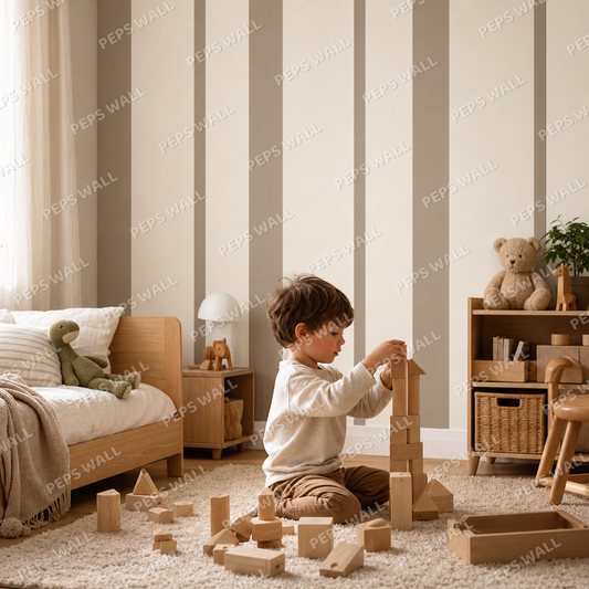 Greige Stripe Rhythm kids room wallpaper - custom mural printed and installed in Dubai