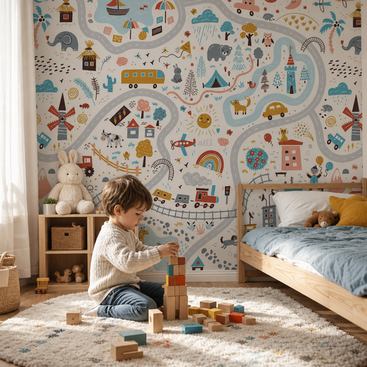 Happy City Roads kids room wallpaper - custom mural printed and installed in Dubai