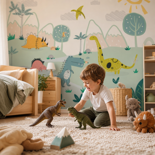 Happy Dinos kids room wallpaper - custom mural printed and installed in Dubai
