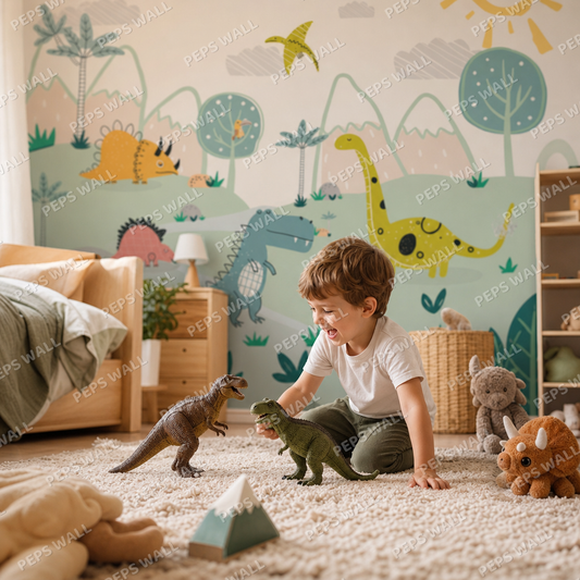 Happy Dinos kids room wallpaper - custom mural printed and installed in Dubai