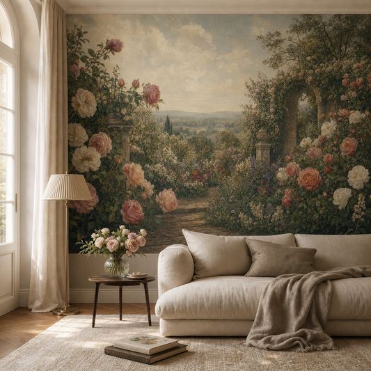 Heritage Rose Garden living room wallpaper - custom mural printed and installed in Dubai