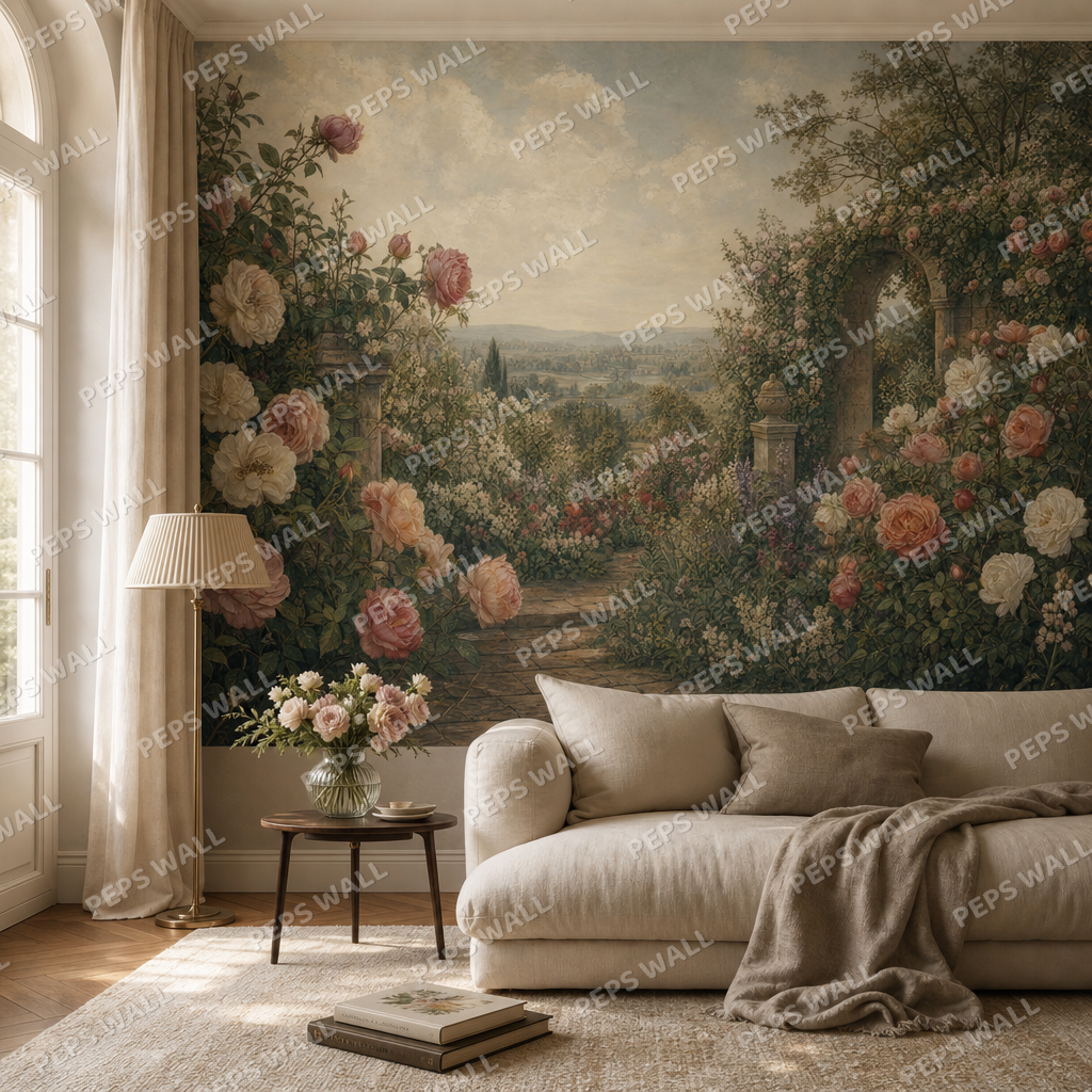 Heritage Rose Garden living room wallpaper - custom mural printed and installed in Dubai