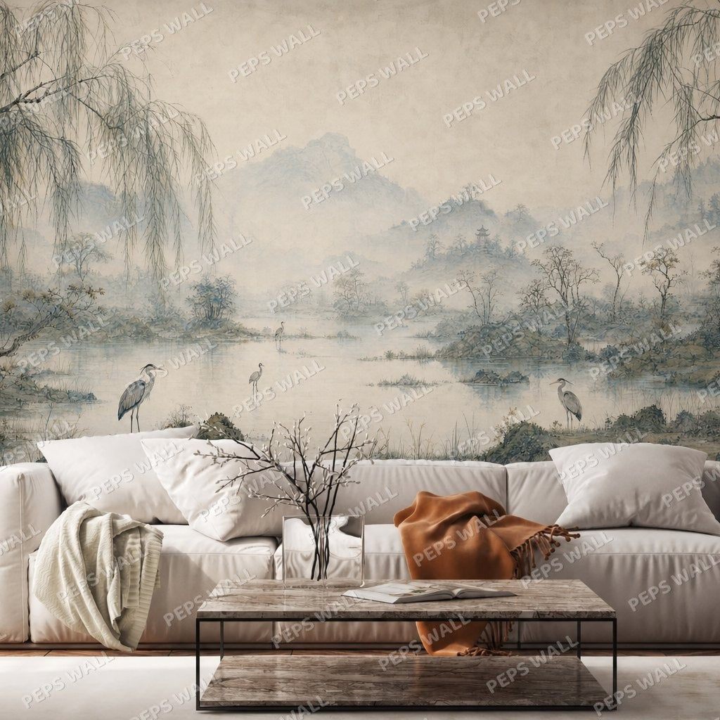 The Heron Pond — chinoiserie wallpaper Dubai, Peps Wall