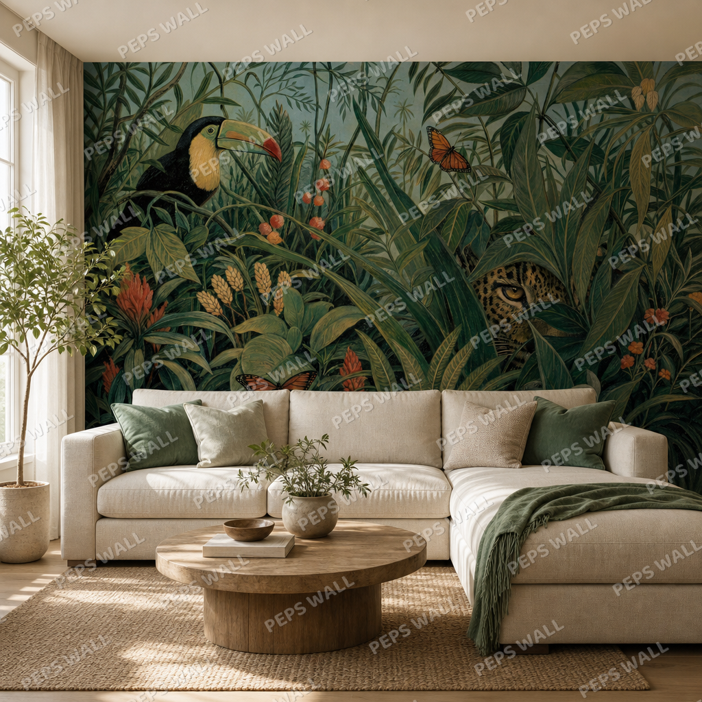 The Hidden Jungle wallpaper in a Dubai living room - Peps Wall