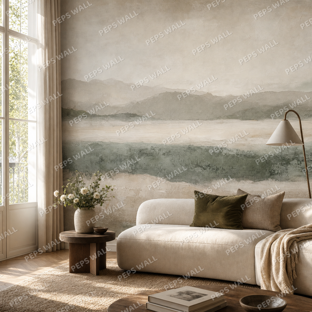 Horizon Calm living room wallpaper - custom mural printed and installed in Dubai