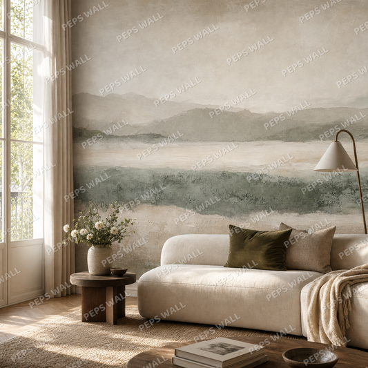 Horizon Calm living room wallpaper - custom mural printed and installed in Dubai