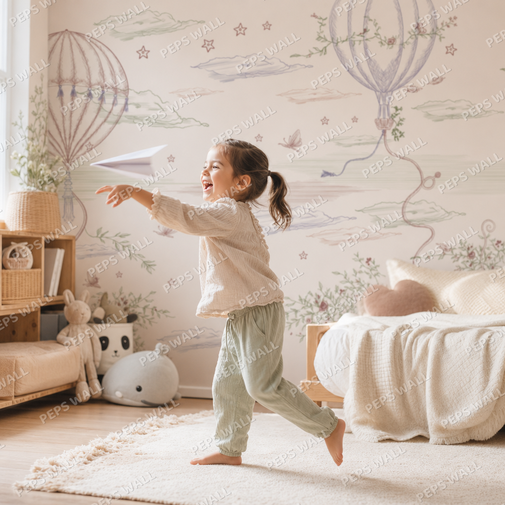 Hot Air Balloon - Line Art kids room wallpaper - custom mural printed and installed in Dubai