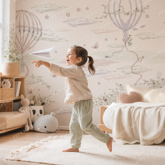 Hot Air Balloon - Line Art kids room wallpaper - custom mural printed and installed in Dubai