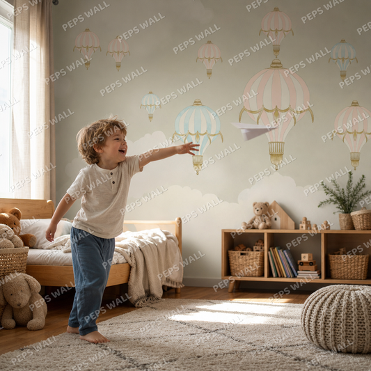 Hot Air Balloons - Vintage kids room wallpaper - custom mural printed and installed in Dubai