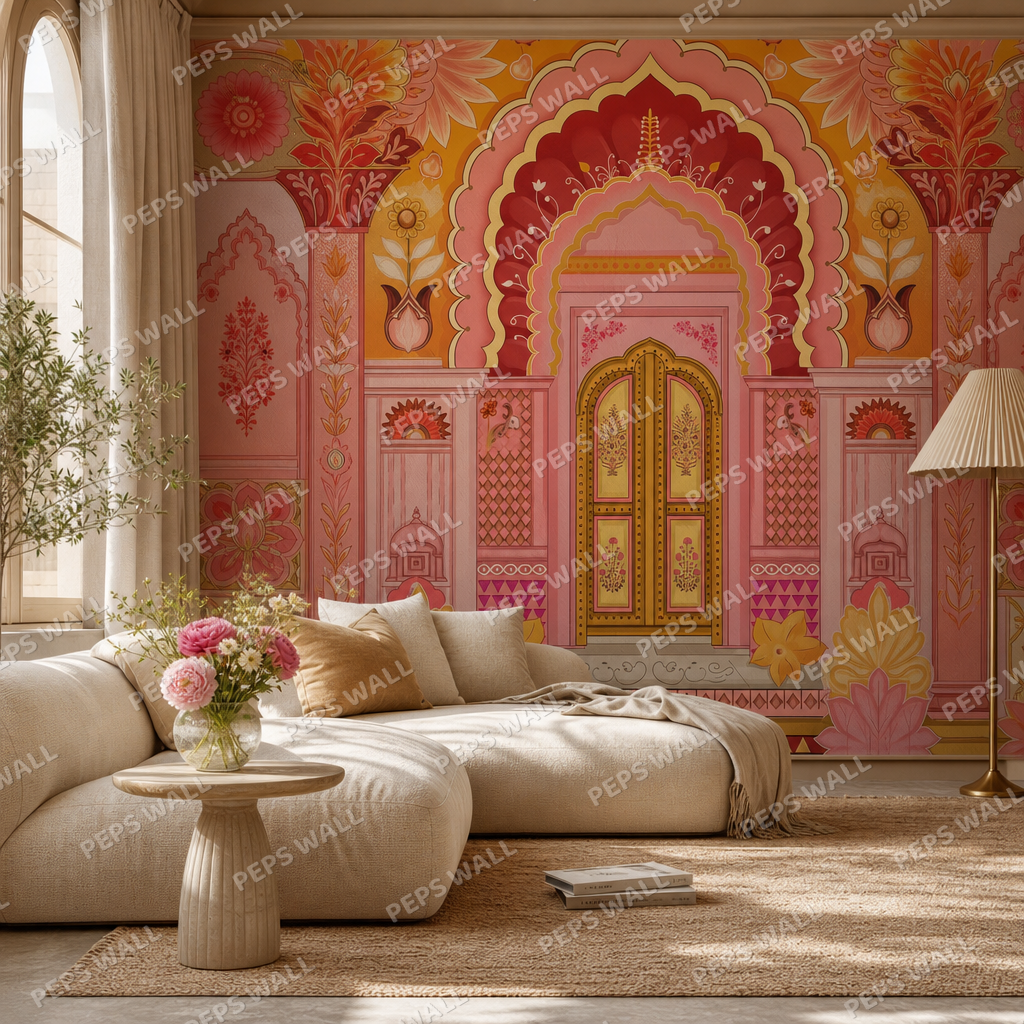 Indian Pattern Door living room wallpaper - custom mural printed and installed in Dubai