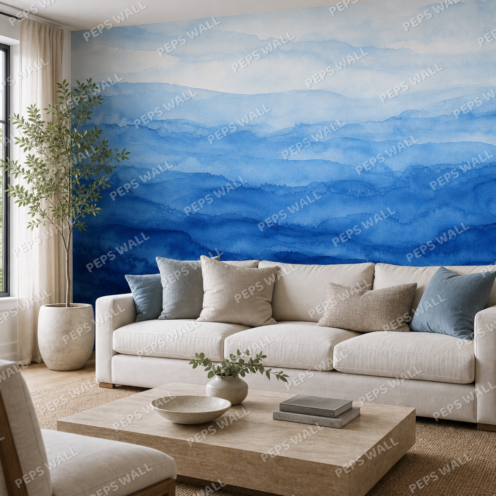 Indigo Horizon wallpaper in a Dubai living room - Peps Wall