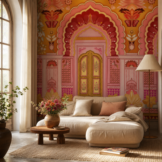 Infinite Doors living room wallpaper - custom mural printed and installed in Dubai