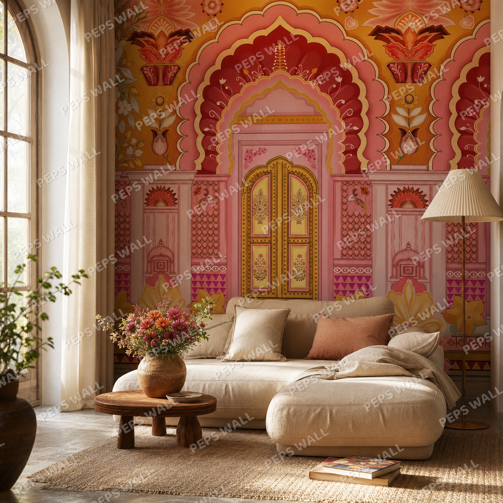 Infinite Doors living room wallpaper - custom mural printed and installed in Dubai