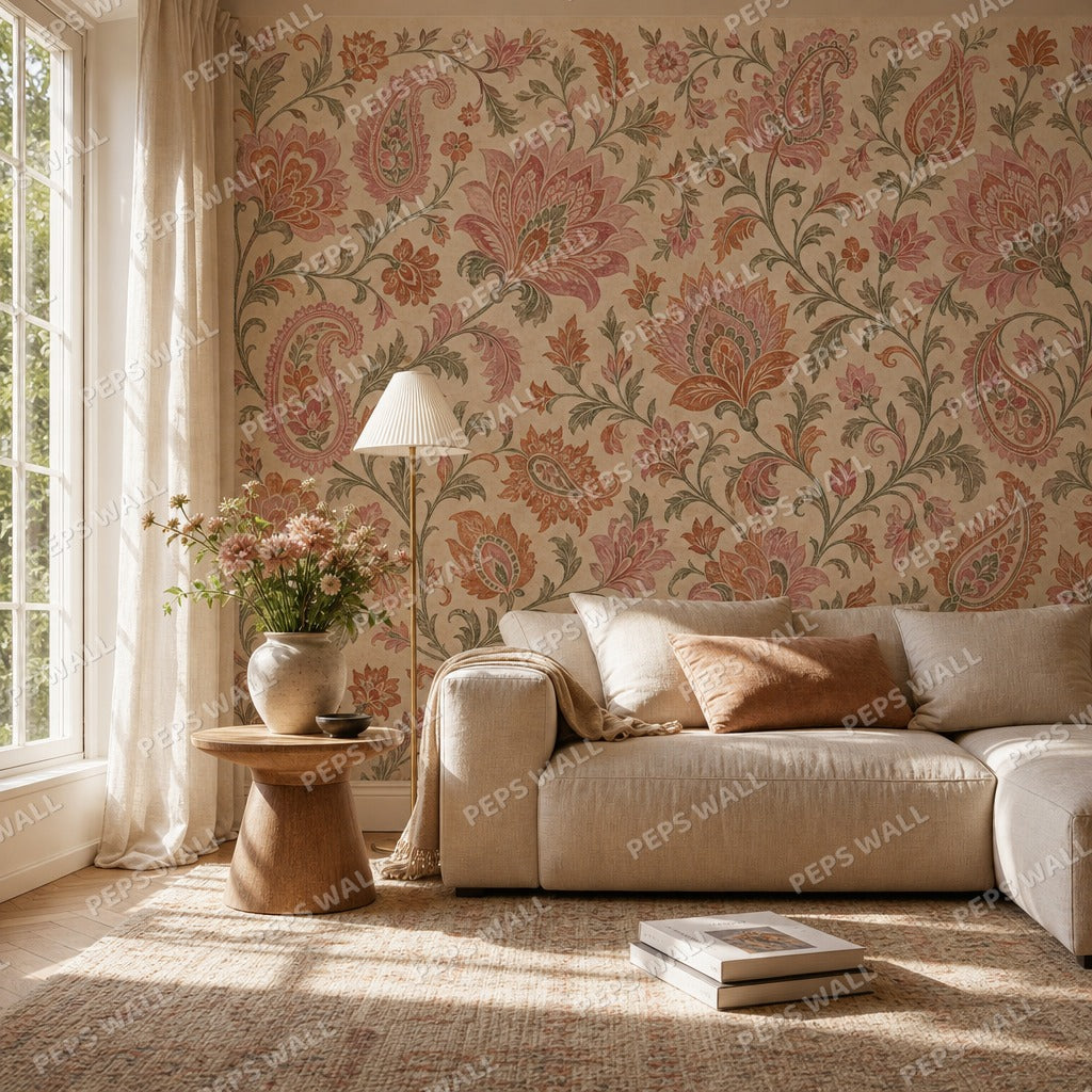 Jaipur Blooms - Blush Heritage wallpaper mural — living room mockup