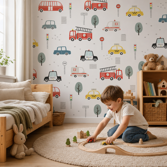 Joyful cars kids room wallpaper - custom mural printed and installed in Dubai