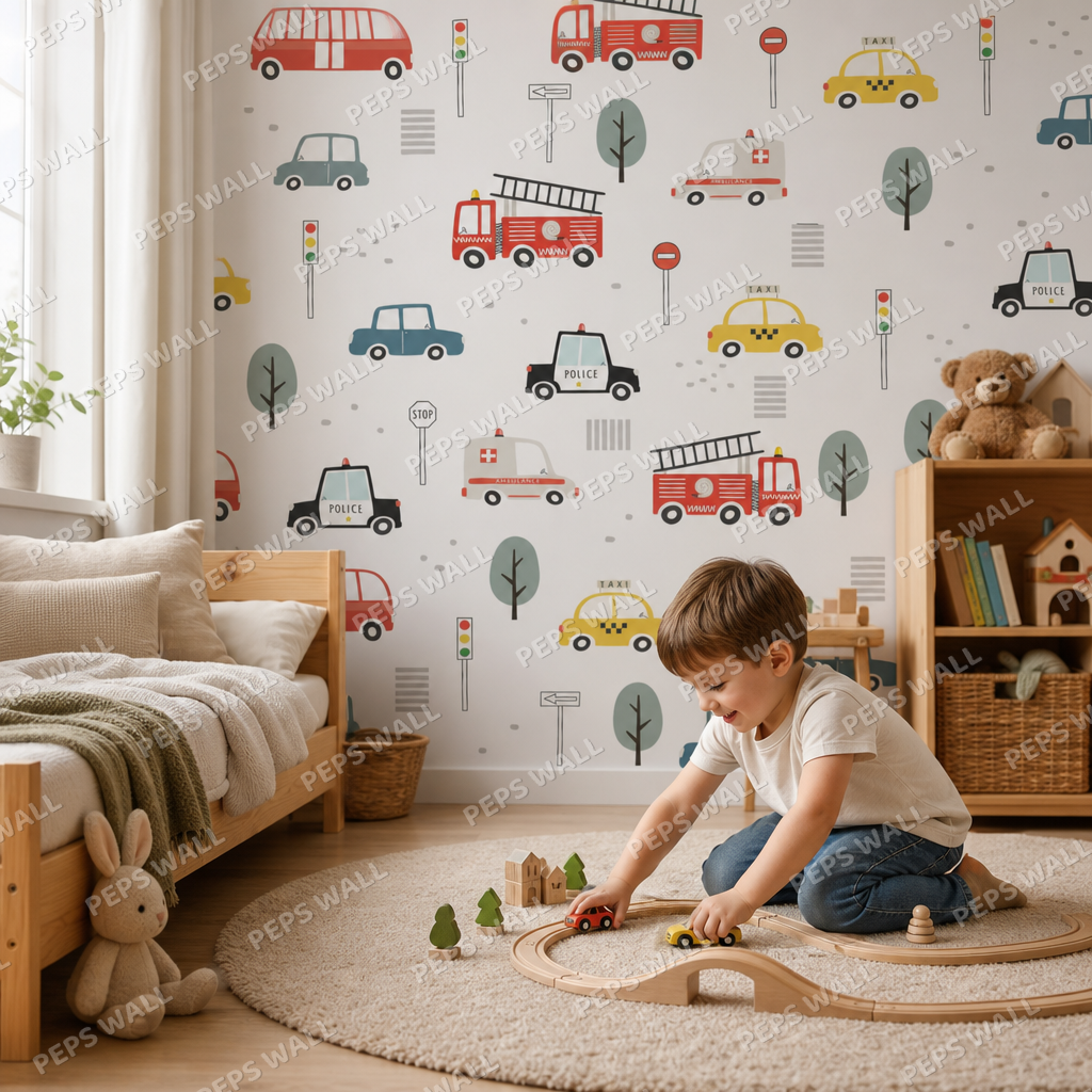 Joyful cars kids room wallpaper - custom mural printed and installed in Dubai