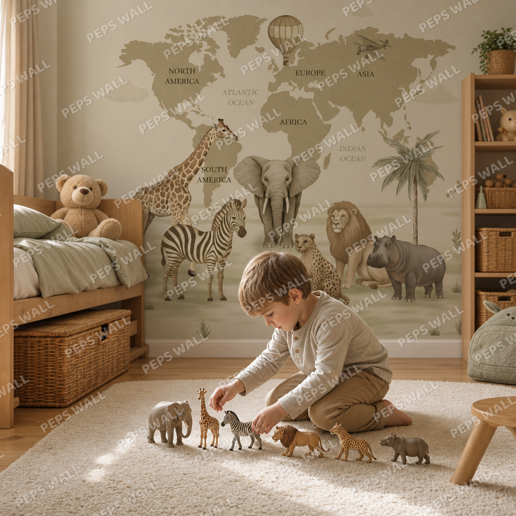 Jungle Map kids room wallpaper - custom mural printed and installed in Dubai