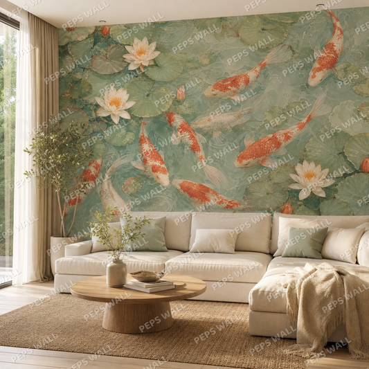 Koi Calm wallpaper in a Dubai living room - Peps Wall