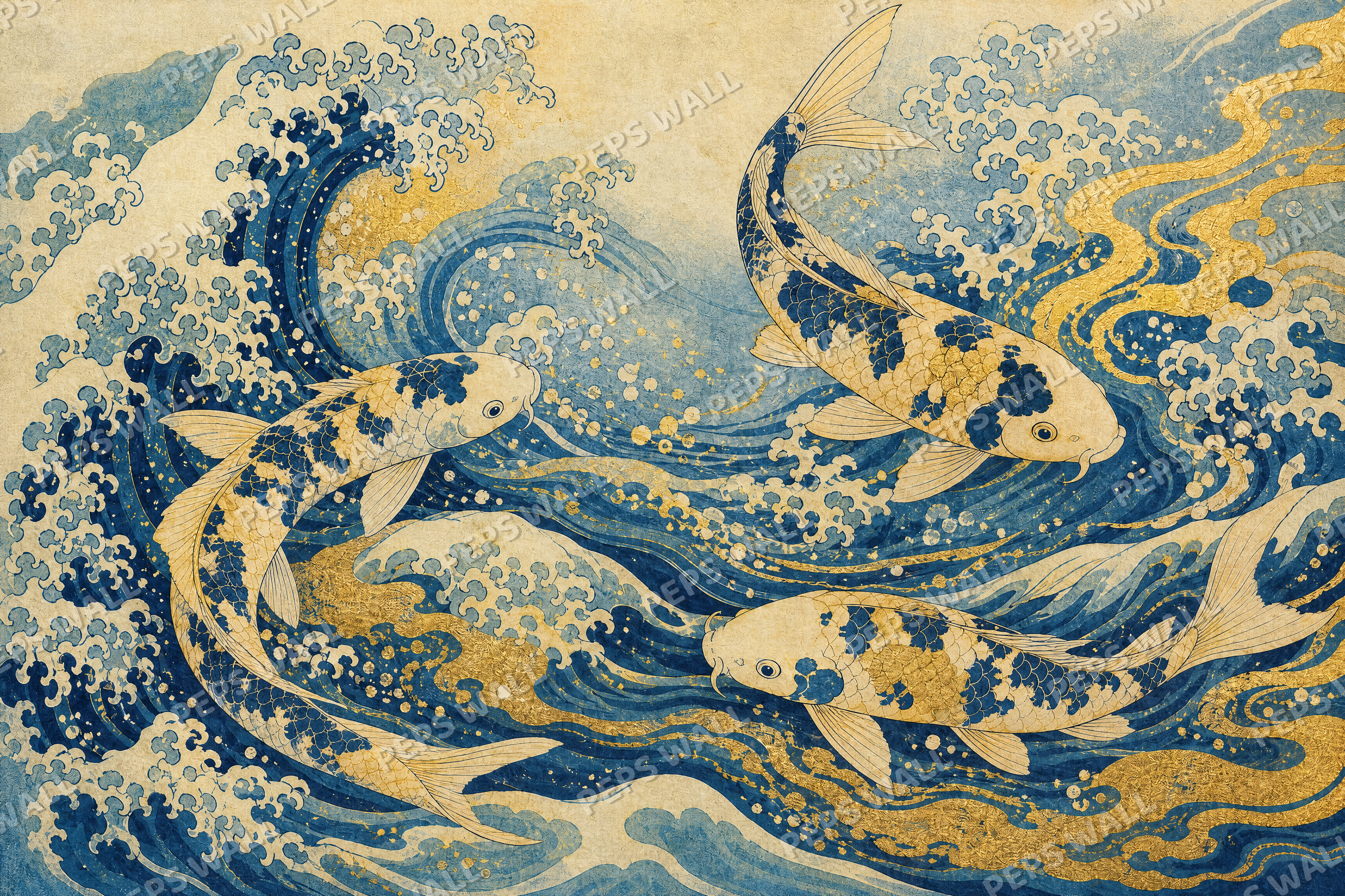Koi in Indigo & Gold - made-to-measure wall mural design by Peps Wall Dubai