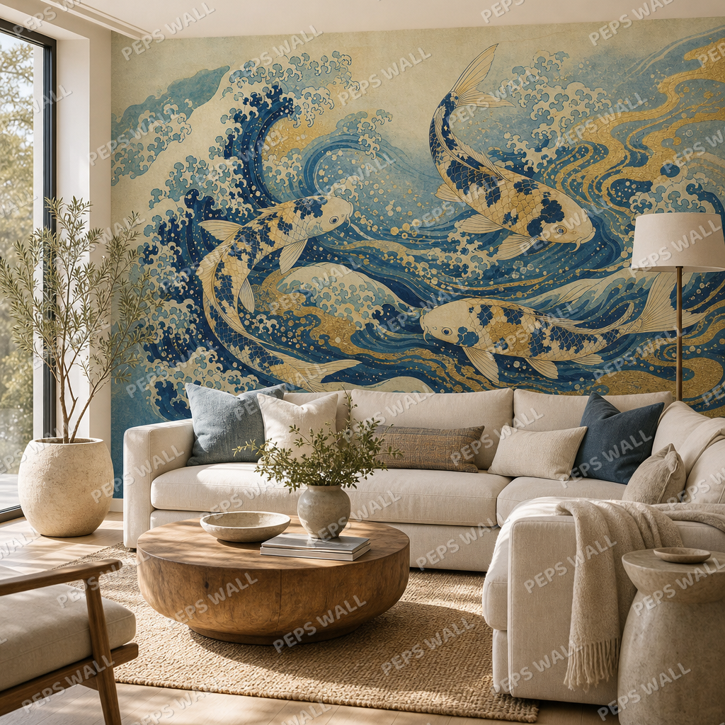 Koi in Indigo & Gold wallpaper in a Dubai living room - Peps Wall