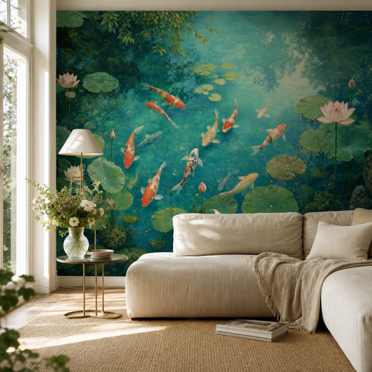 Koi Serenity living room wallpaper - custom mural printed and installed in Dubai