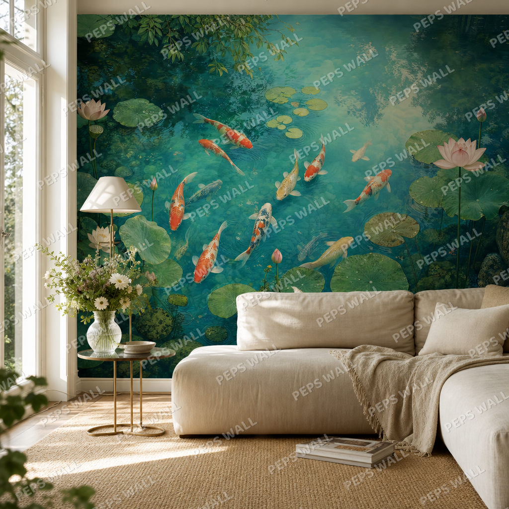 Koi Serenity living room wallpaper - custom mural printed and installed in Dubai