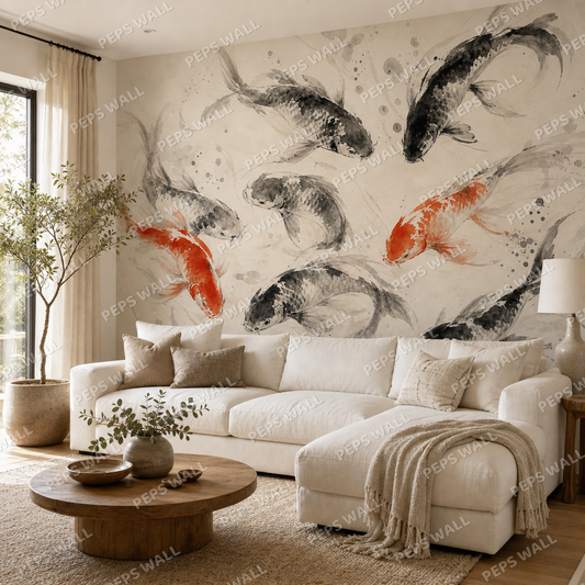 Koi Shoal wallpaper in a Dubai living room - Peps Wall